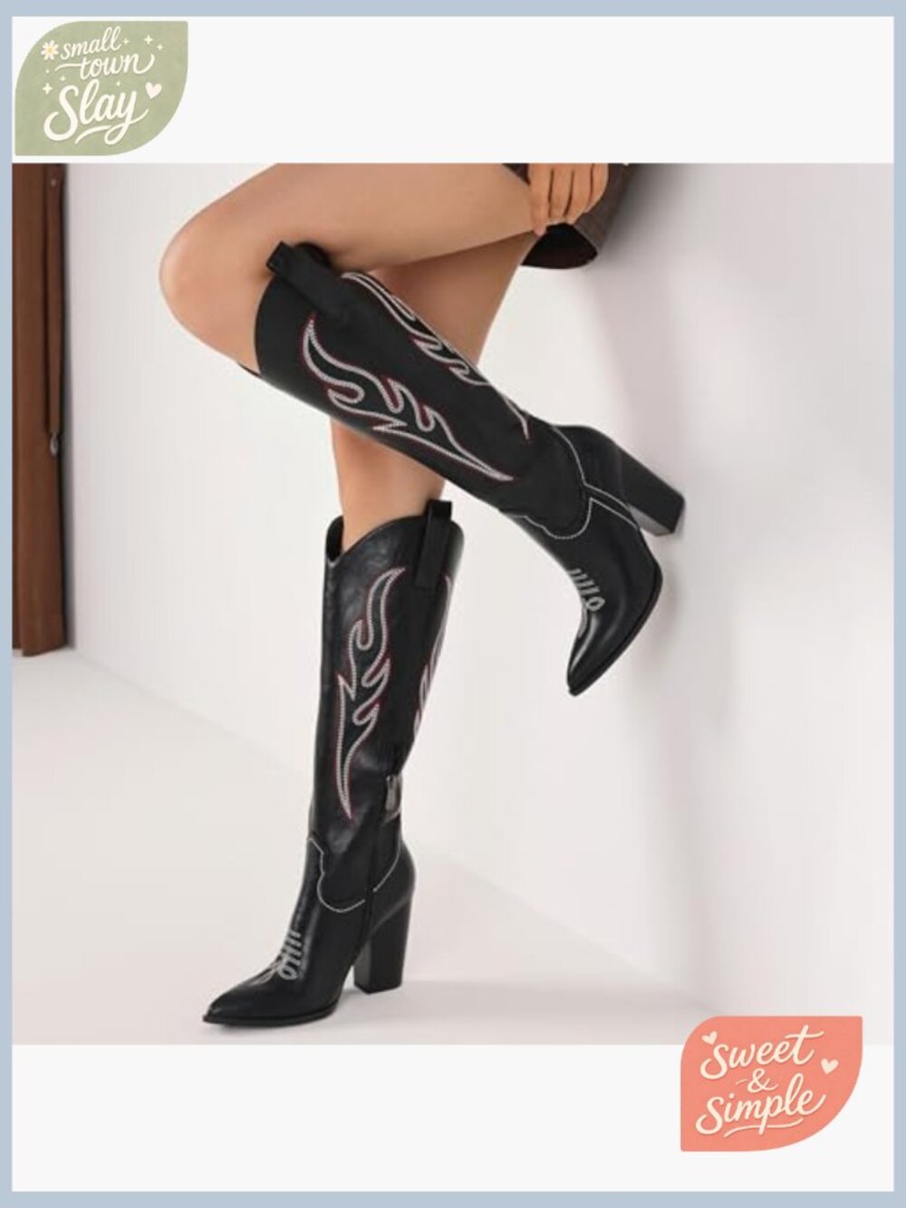 Knee High Cowboy Boots Pointed Toe Chunky Heel Side Zip Western Boots - Picture 2 of 7